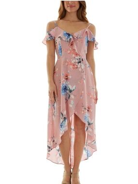 BY & BY Pink & Blue Floral Spaghetti Strap Hi Low Ruffled Midi Dress L NWOT